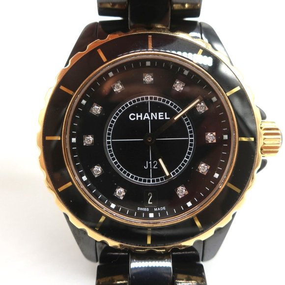 CHANEL J12 38MM WATCH BLACK CERAMIC AND 18K GOLD WITH DIAMONDS H2180 - Picture 10 of 10